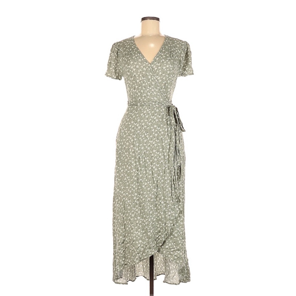 Sage Ditsy Floral Midi Wrap Dress